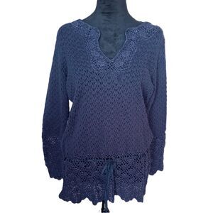 Emma James Women's XL Black Crochet V-Neck Sweater